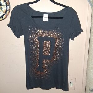 PINK Victoria's Secret Charcoal Tee with Bronze Sequin 'P'